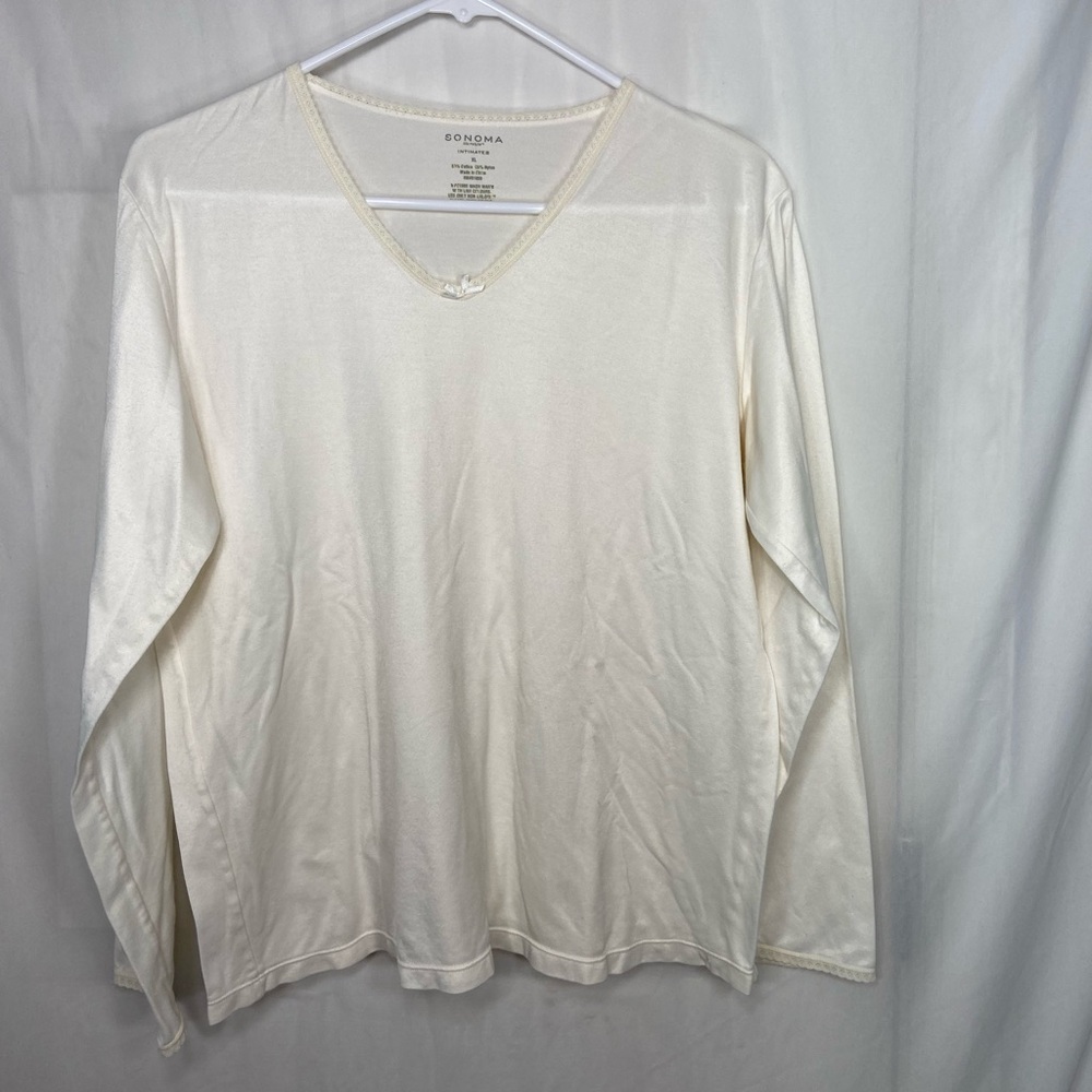 Sonoma‎ women’s cream smooth lace hem bow vneck long sleeve top intimates XL